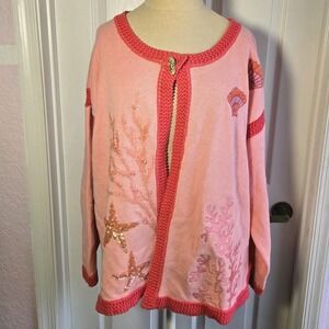 Storybook Knits‎ Coral Pink Cardigan Sweater Sea Horsing Around Size 1X Beaded